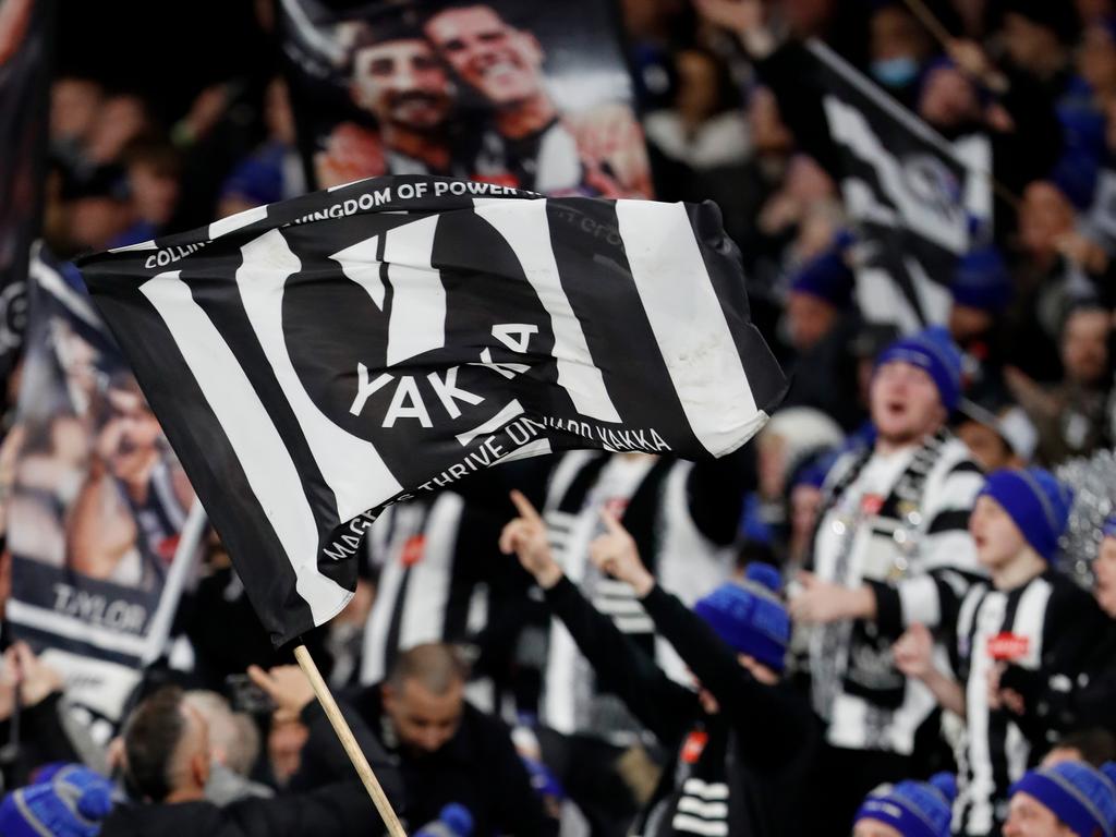 Collingwood fans celebrate the win over Melbourne. Picture: Dylan Burns/AFL Photos via Getty Images