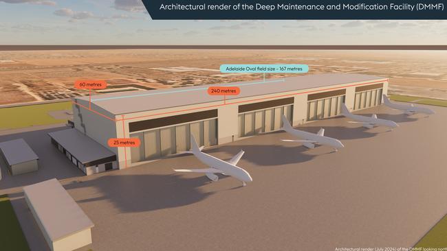 Concept picture of the new hangar that shows the size comparison with Adelaide Oval. Picture: Renewal SA