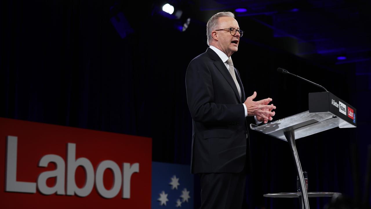 Anthony Albanese speaks during the Labor Party election campaign launch at Optus Stadium on Sunday. Picture: Paul Kane/Getty Images