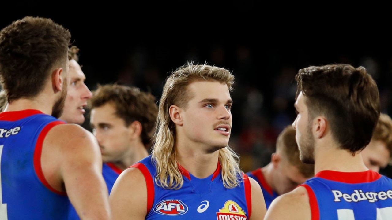 MELBOURNE, AUSTRALIA - JUNE 03: Bailey Smith of the Bulldogs looks dejected after a loss during the 2022 AFL Round 12 match between the Western Bulldogs and the Geelong Cats at Marvel Stadium on June 03, 2022 in Melbourne, Australia. (Photo by Dylan Burns/AFL Photos via Getty Images)