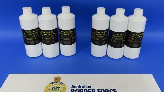 Bottles labelled ‘mechanical lubricant’ have been used in an attempt to smuggle the drug 'bute'. Picture: ABF