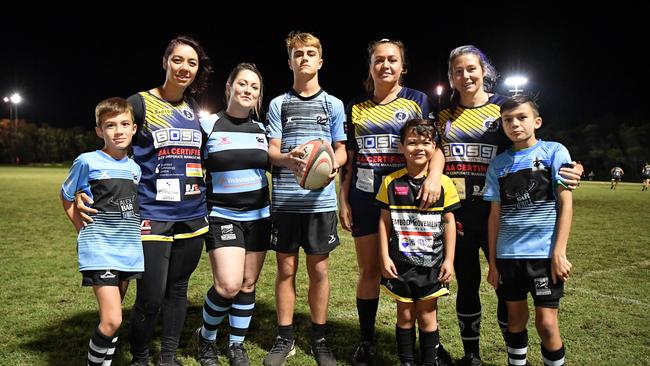 Coast rugby mums Amanda Edwards, Angela Coombes, Jane Greenland and Lola Raymond pictured with their children, Levi Edwards, 7, Brock Coombes, 13, Carter Greenland, 7, and Sonny Edwards, 10. Picture: Patrick Woods.