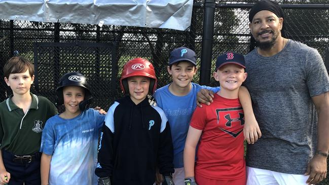 US major league baseball great Manny Ramirez was a hit with a group of junior players on the northern beaches at a special training clinic hosted by Pittwater Baseball Club at North Narrabeen Reserve on Wednesday night. Picture: Jim O'Rourke