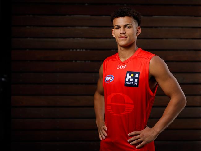 MELBOURNE, AUSTRALIA - NOVEMBER 21: Gold Coast Suns draftee Leo Lombard poses for a photo during an AFL Draft Media Opportunity at Marvel Stadium on November 21, 2024 in Melbourne, Australia. (Photo by Dylan Burns/AFL Photos via Getty Images)