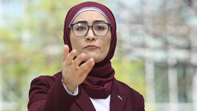 Senator Fatima Payman holds a press conference at Parliament House in Canberra. Picture: NewsWire / Martin Ollman