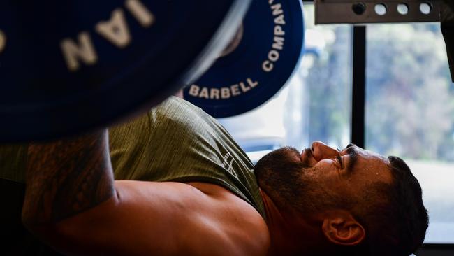 Lukhan Salakaia-Loto hits the weights room at St Phillip’s Christian College in NSW’s Hunter Valley. Picture: Stuart Walmsley/Rugby Australia