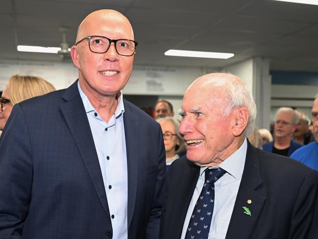 SYDNEY, AUSTRALIA - APRIL 27: Opposition Leader Peter Dutton stands alongside Former Prime Minister John Howard during a Liberal Party campaign launch in the seat of Mackellar on April 27, 2025 in Sydney, Australia. Australia will head to the polls on May 3, early voting for the 2025 Australian election has also been highly successful, with more than 524,000 people casting their ballots on the first day alone-breaking previous records. (Photo by Dan Peled/Getty Images)