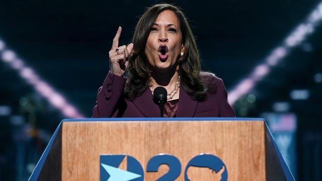 Democratic vice-presidential nominee Kamala Harris speaks during the third day of the Democratic National Convention. Picture: AFP