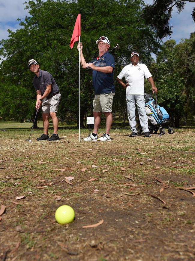 Michael Dymott, Dale Spriggs and Peter Kann on the ‘brown’ fifth green. Picture: Josie Hayden