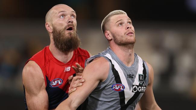 Max Gawn and Peter Ladhams do battle. Picture: Michael Klein