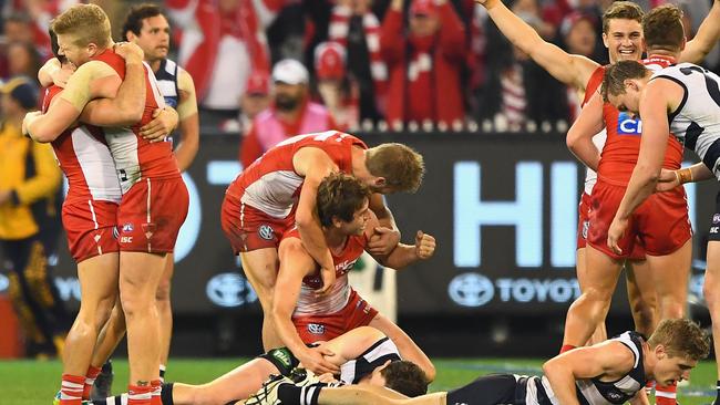 Sydney players celebrate last week’s win against Geelong. Picture: Getty Images