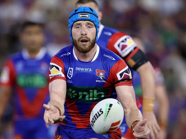 NEWCASTLE, AUSTRALIA - MARCH 07:  Jackson Hastings of the Knights passes the ball during the round one NRL match between Newcastle Knights and Canberra Raiders at McDonald Jones Stadium on March 07, 2024, in Newcastle, Australia. (Photo by Brendon Thorne/Getty Images)