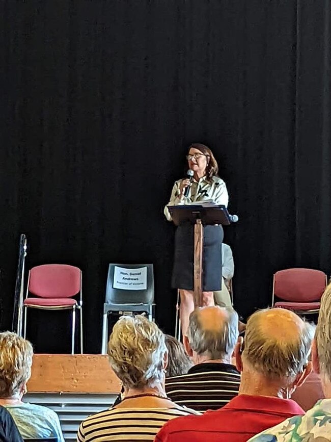 South-West Coast MP Roma Britnell spoke to a crowd of about 100 people at a forum demanding action in response to the local hospital closing its birthing suite. Picture: Supplied