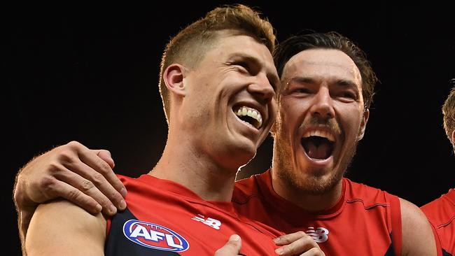 Jake Melksham and Michael Hibberd celebrate Melbourne’s semi-final win over Hawthorn in 2018. Picture: AAP