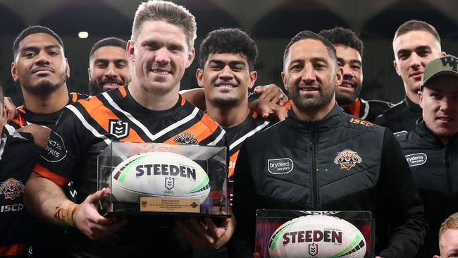 Tigers veterans Chris Lawrence and Benji Marshall were unable to snare a win in their final games for the club. Picture: Getty Images