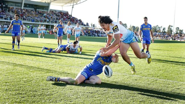 NRL - Round 11 Parramatta Eels vs Gold Coast Titans at Mudgee Stadium .Titan's Kevin Gordonscores a try