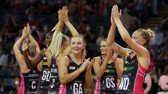 The Thunderbirds celebrate their heavy victory over an understrength Giants team. Picture: Getty