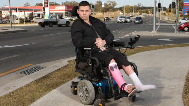 Pimpama local Jaydan Rufus, 20, who has cerebral palsy and is wheelchair bound said the lack of stops was detrimental to those living with a disability who relied on public transport. Picture: Glenn Hampson