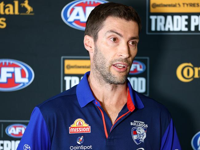 MELBOURNE, AUSTRALIA - OCTOBER 07: Sam Power, Western Bulldogs General Manager of List and Recruiting speaks during the 2024 Continental Tyres AFL Trade Period at Marvel Stadium on October 07, 2024 in Melbourne, Australia. (Photo by Josh Chadwick/AFL Photos via Getty Images)