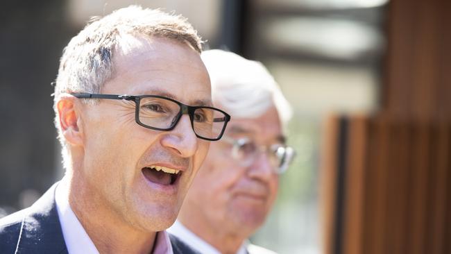 Australian Greens leader Richard Di Natale and Kooyong Greens candidate Julian Burnside speak to the media whilst campaigning in Balwyn, Melbourne, yesterday. Picture: AAP 