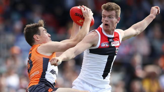 Jeremy Cameron outmarks Darragh Joyce during GWS Giants win over St Kilda. Picture: Mark Kolbe/Getty Images. 