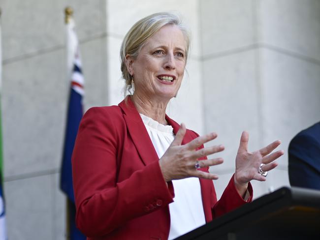 CANBERRA, AUSTRALIA  - NewsWire Photos - January 13, 2025:  Prime Minister Anthony Albanese, Minister for Finance, Minister for Women, Minister for the Public Service Katy Gallagher,  Minister for Communications Michelle Rowland and CEO of the NBN, Ellie Sweeney hold a press conference at Parliament House in Canberra. Picture: NewsWire / Martin Ollman