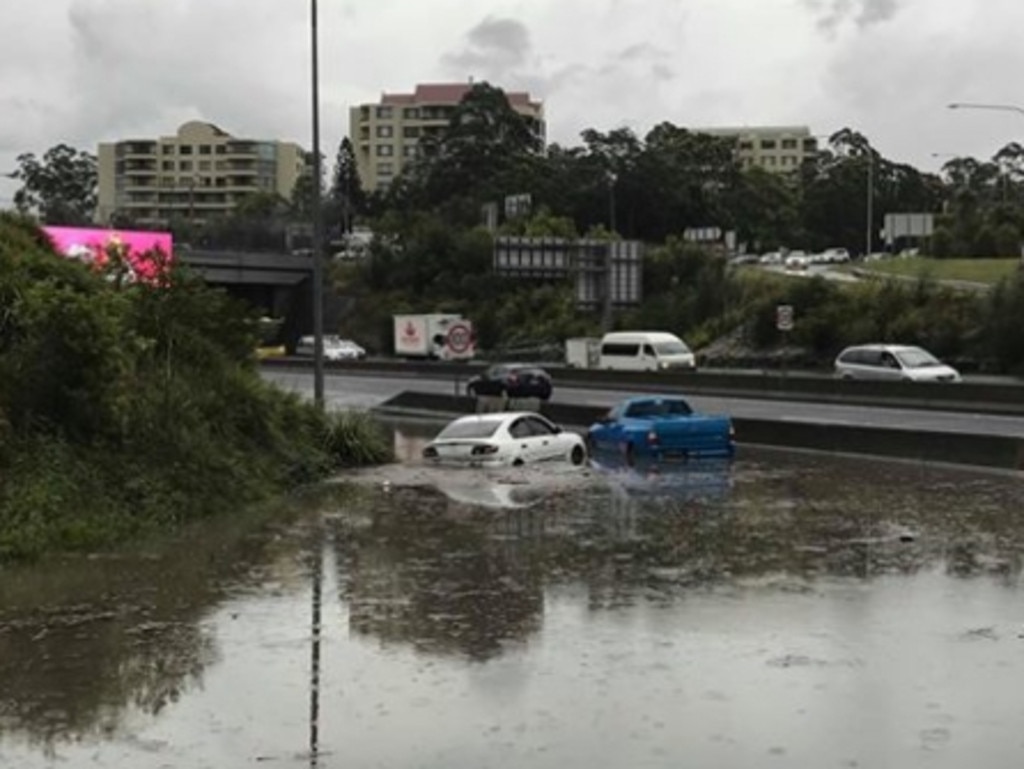 Two cars stuck on the M2 in wild weather. Picture: 9 News Sydney