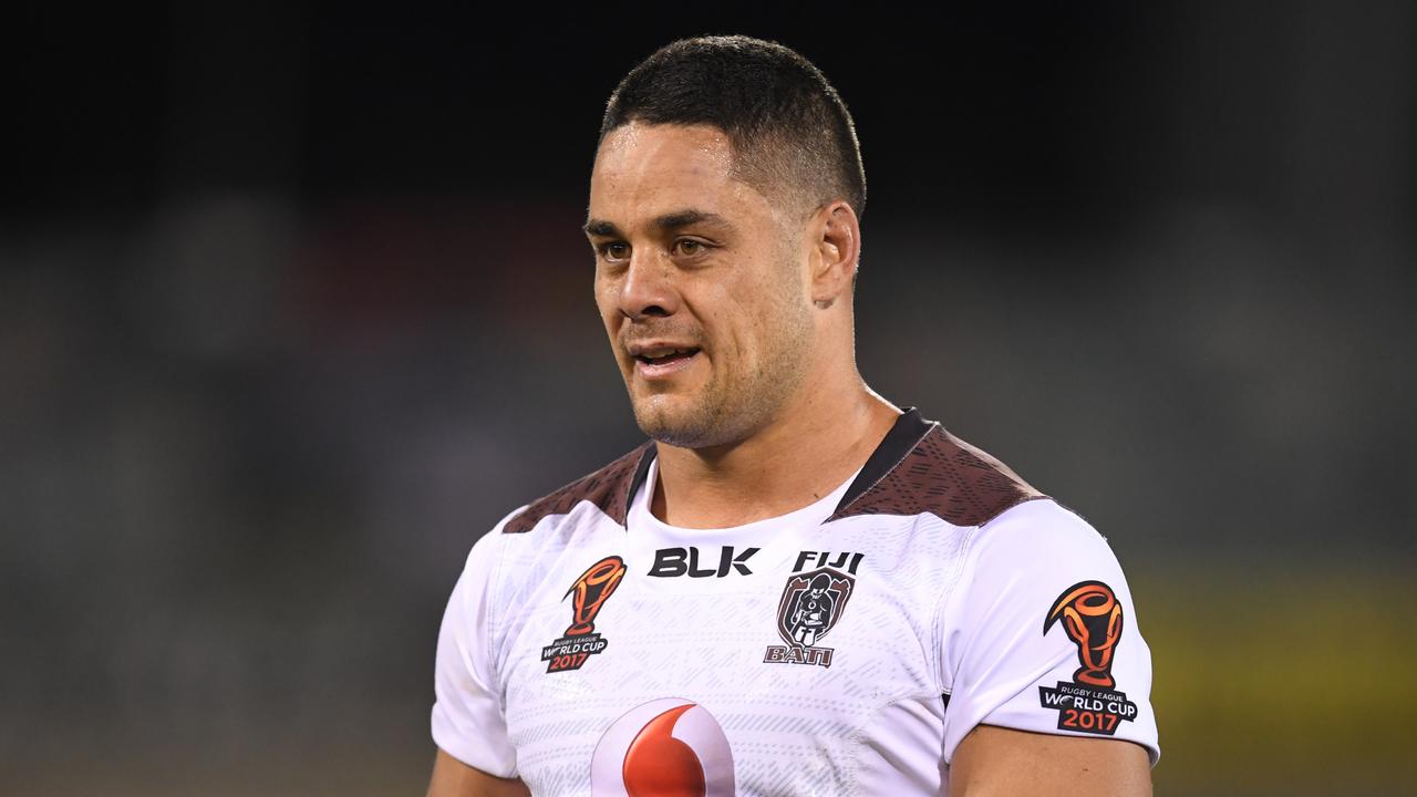 Jarryd Hayne of Fiji is send off after a scaffle during the Rugby League World Cup Group D match between Fiji and Italy at GIO Stadium in Canberra, Friday, November 10, 2017. (AAP Image/Lukas Coch)