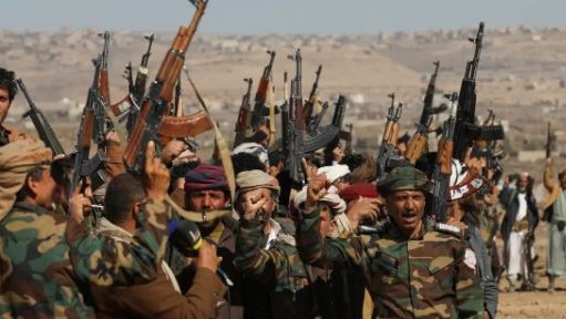 Houthi fighters and tribal supporters protest against recent US-led strikes on Houthi targets, near Sanaa, Yemen. Picture: Supplied.