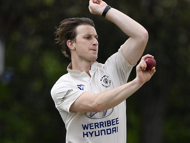 James Freeman bowls during the VSDCA Cricket match between Croydon and Werribee in Croydon, Saturday, Oct. 5, 2019.  Picture: Andy Brownbill