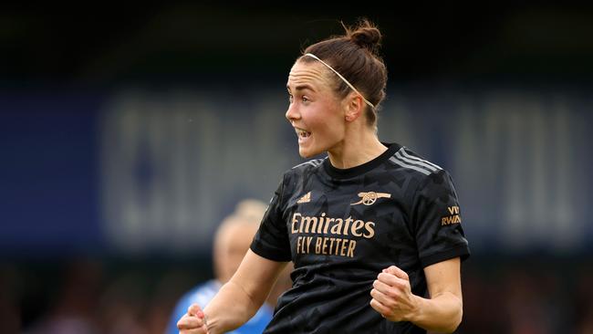 LIVERPOOL, ENGLAND - MAY 17: Caitlin Foord of Arsenal celebrates after scoring the team's first goal during the FA Women's Super League match between Everton FC and Arsenal at Walton Hall Park on May 17, 2023 in Liverpool, England. (Photo by Naomi Baker/Getty Images)