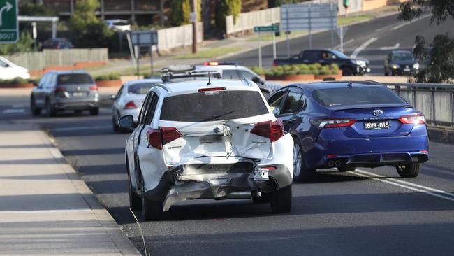 Three cars were involved in a crash on the Shannon Ave Bridge in Newtown. Picture: Alan Barber