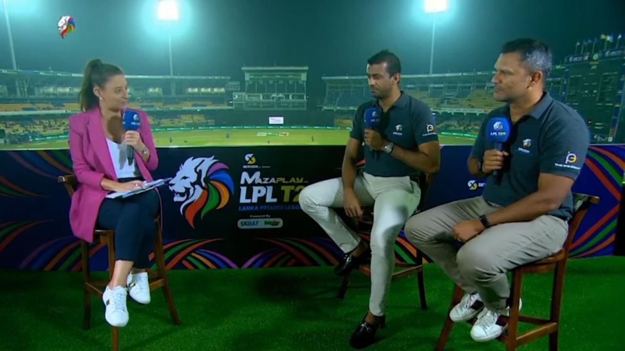 Maharoof (centre) with Sports Broadcaster Neroli Meadows (left) at the 2022 Lanka Premier League. Picture: Twitter/Neroli Meadows