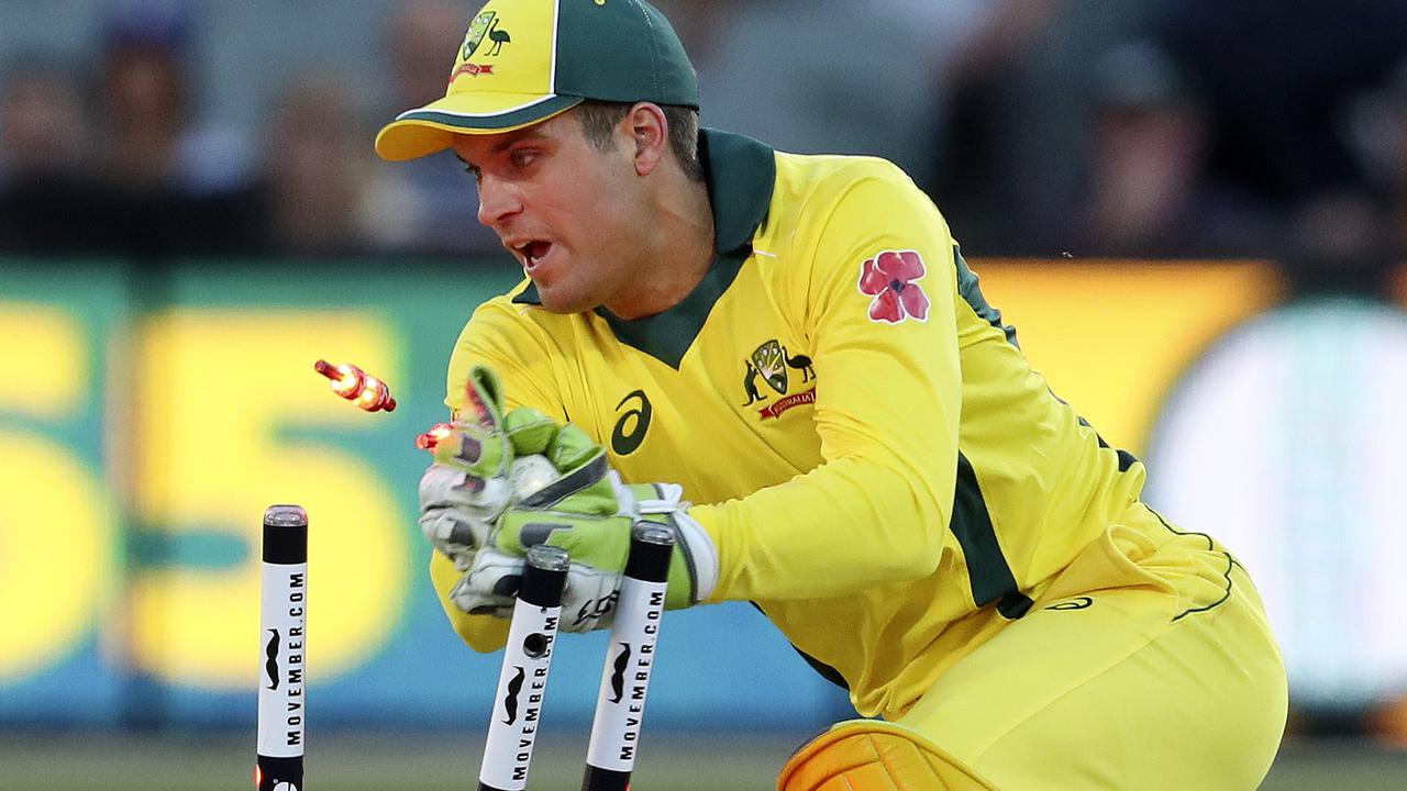 CRICKET – 09/11/18 – ODI – Australia v South Africa at The Adelaide Oval. Alex Carey takes the bails off to run out Aiden Markram for 19 runs. Marcus Stoinis threw the ball Picture SARAH REED