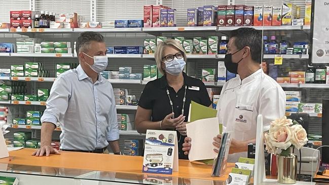 Shadow Assistant Minister Financial Services, Matt Thistlewaite, and Labor candidate for Leichhardt, Elida Faith, discussed then the cost of medicines on the Pharmaceutical Benefits Scheme with WholeLife Pharmacy and Healthfoods owner, pharmacist Jason Christopher. Picture: Alison Paterson