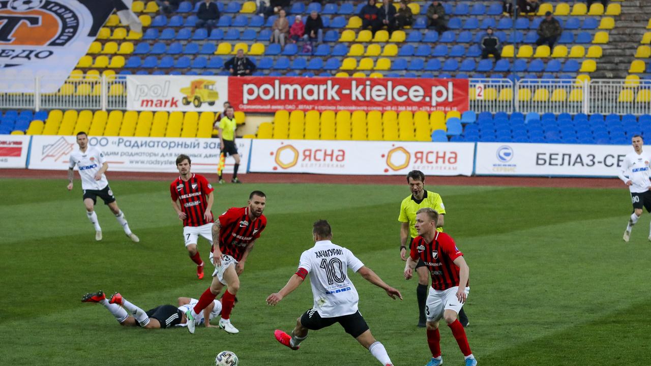 Players in action during the Belarus Championship soccer match between Torpedo-BelAZ Zhodino and Belshina Bobruisk in the town of Zhodino, Belarus.