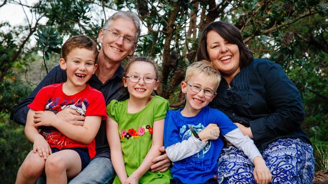 Leisa and Ray Davies fostered three siblings when they were aged one, two and three. Now Rowan (red top) is six, Shaelee is eight and Coopah is seven. Picture: Jonathan Ng