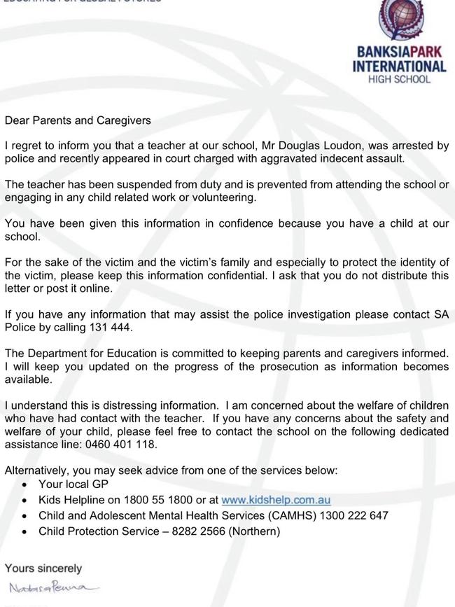 Banksia Park International High School letter to Parents and caregivers. Picture: Supplied.