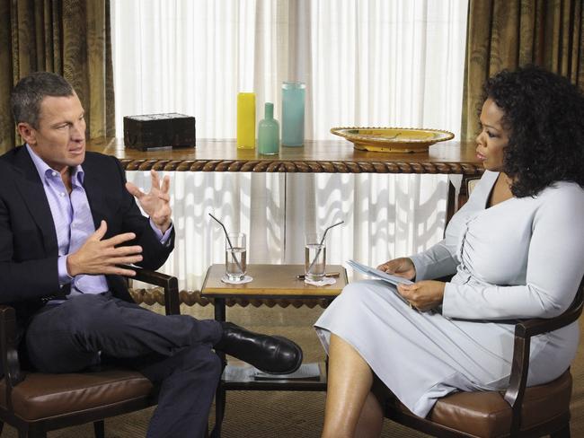 Oprah Winfrey, right, interviews Lance Armstrong.