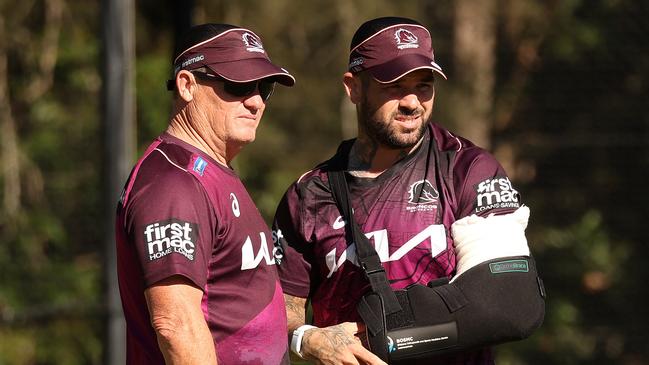 Coach Kevin Walters talking with injured captain Adam Reynolds, Brisbane Broncos training, Red Hill. Picture: Liam Kidston