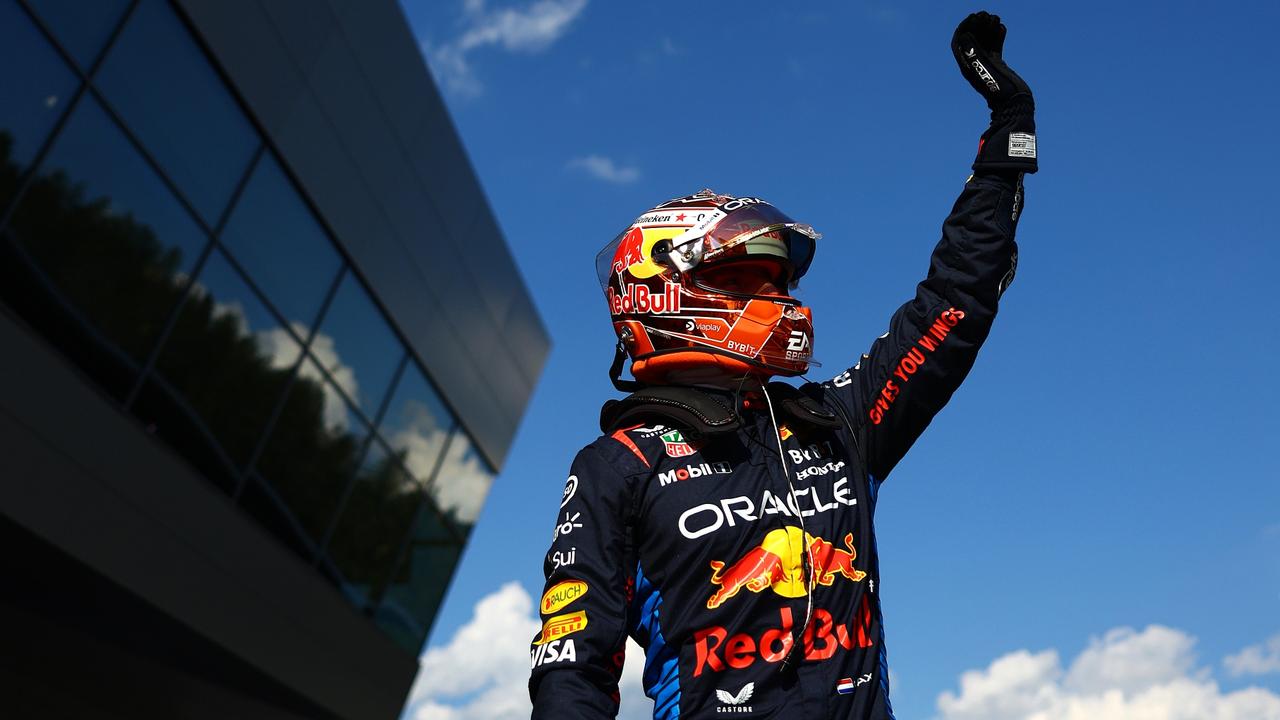 Max Verstappen waves to the crowd after securing pole position for the Austrian GP Sprint race. (Photo by Mark Thompson/Getty Images)