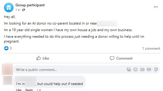 A post on Facebook looking for a sperm donor.