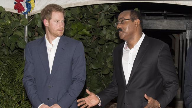 Prince Harry with Gaston Browne, the Prime Minister of Antigua and Barbuda, who has announced plans for a referendum on a republic. Picture: Getty Images