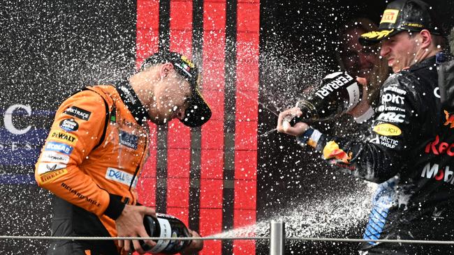 Podium celebrations at the Emilia Romagna Grand Prix in May. Soon the fizz will be provided by Moët &amp; Chandon. Picture: AFP