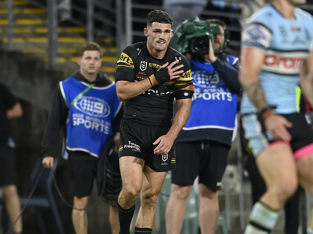 Penrith Panthers halfback Nathan Cleary clutches at his shoulder. Picture: NRL Images