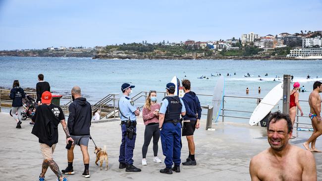 Police patrolling in Bondi Beach on Saturday. Picture: NCA NewsWire / Flavio Brancaleones