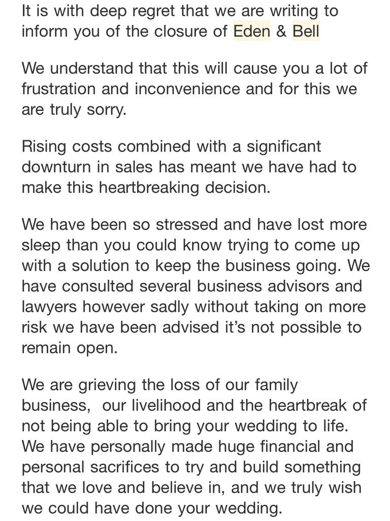 The email the company founders, Sophie and Dom Geisser, sent to customers.