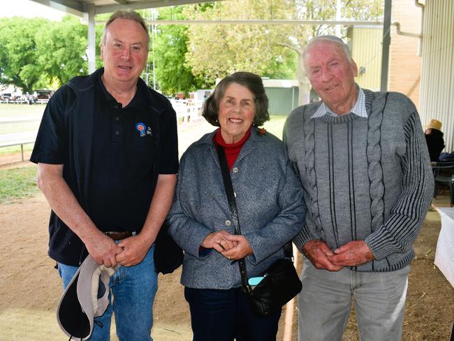 Attendees enjoying the 159th Sale Agricultural Show at the Sale Showgrounds on Friday, November 01, 2024: Laurie Jeremiah, Rosemary Mowat and John Mowat. Picture: Jack Colantuono.