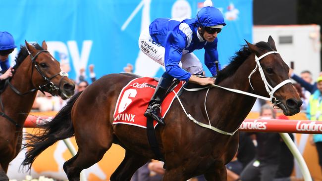 Jockey Hugh Bowman rides Winx to victory in the Cox Plate. Picture: AAP