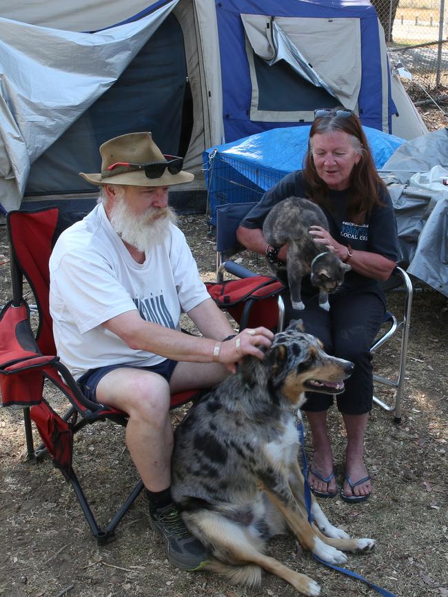 Cathy and Kevin Clarke are camping at the relief centre in Bairnsdale after evacuating from Sarsfield. Picture: David Crosling